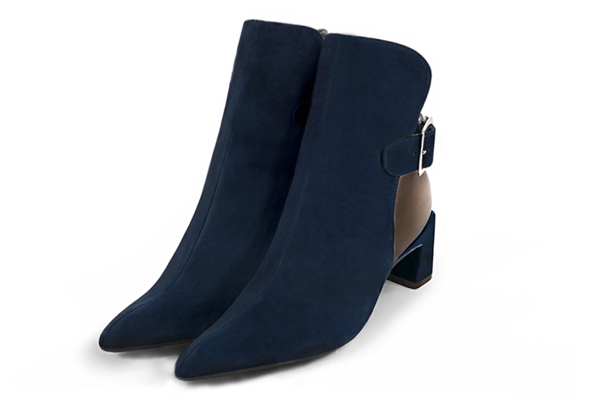 Navy blue and bronze gold women's ankle boots with buckles at the back. Tapered toe. Medium flare heels. Front view - Florence KOOIJMAN